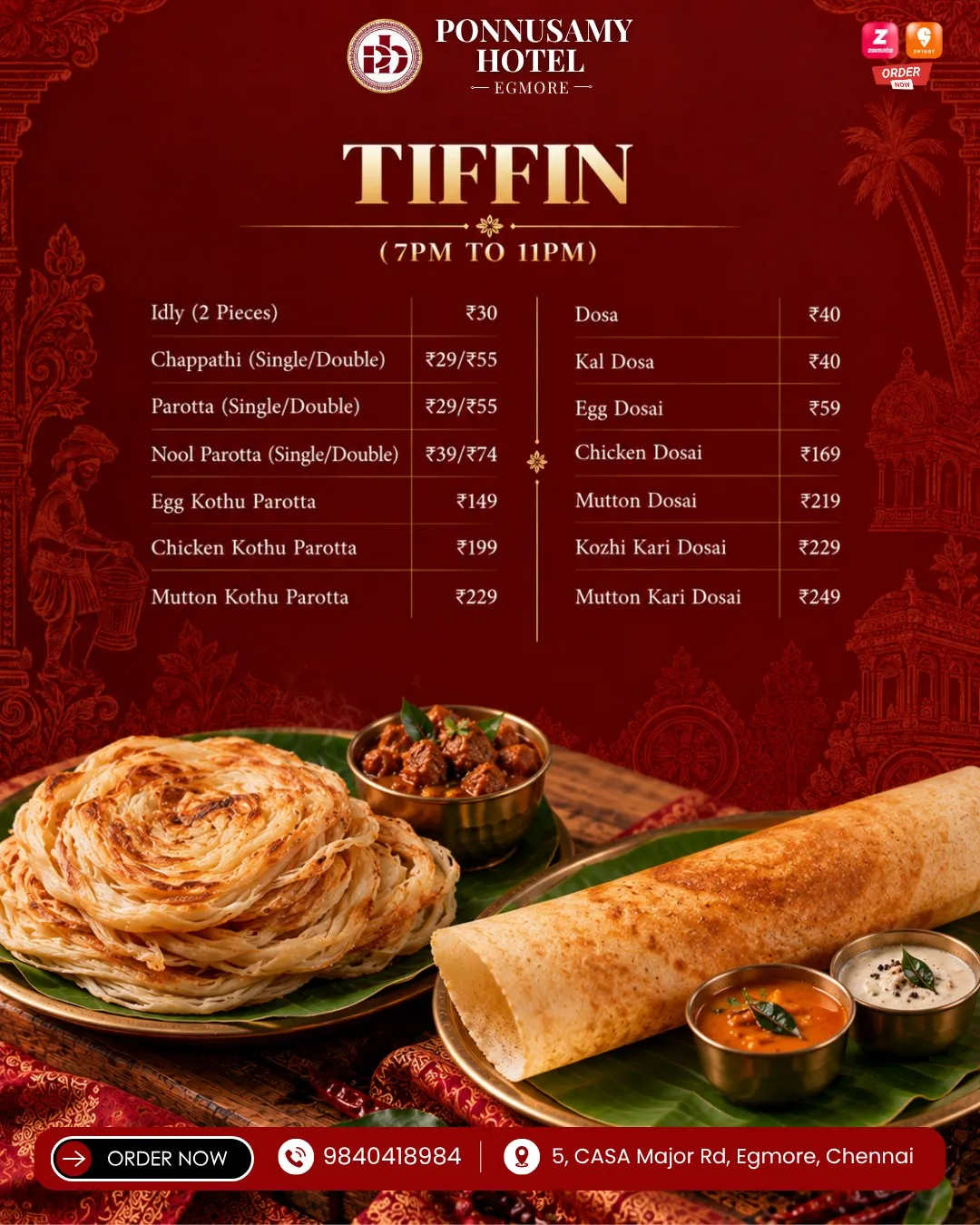 Parotta and dosa with accompaniments