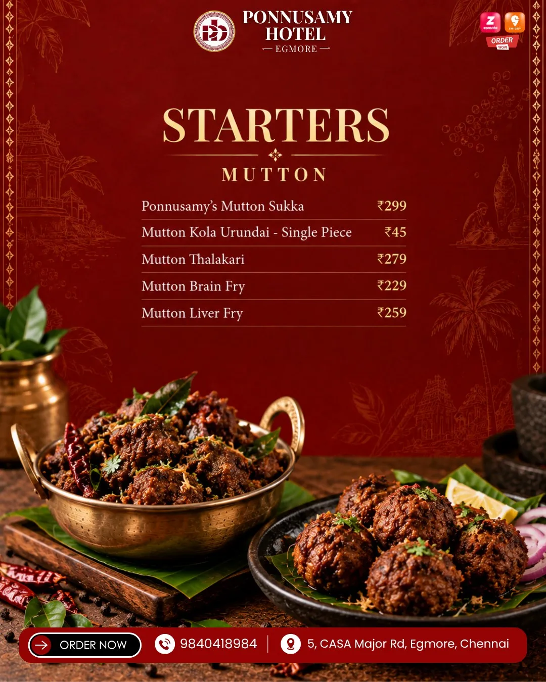 Chettinadu Mutton Starters at Ponnusamy Hotel Egmore