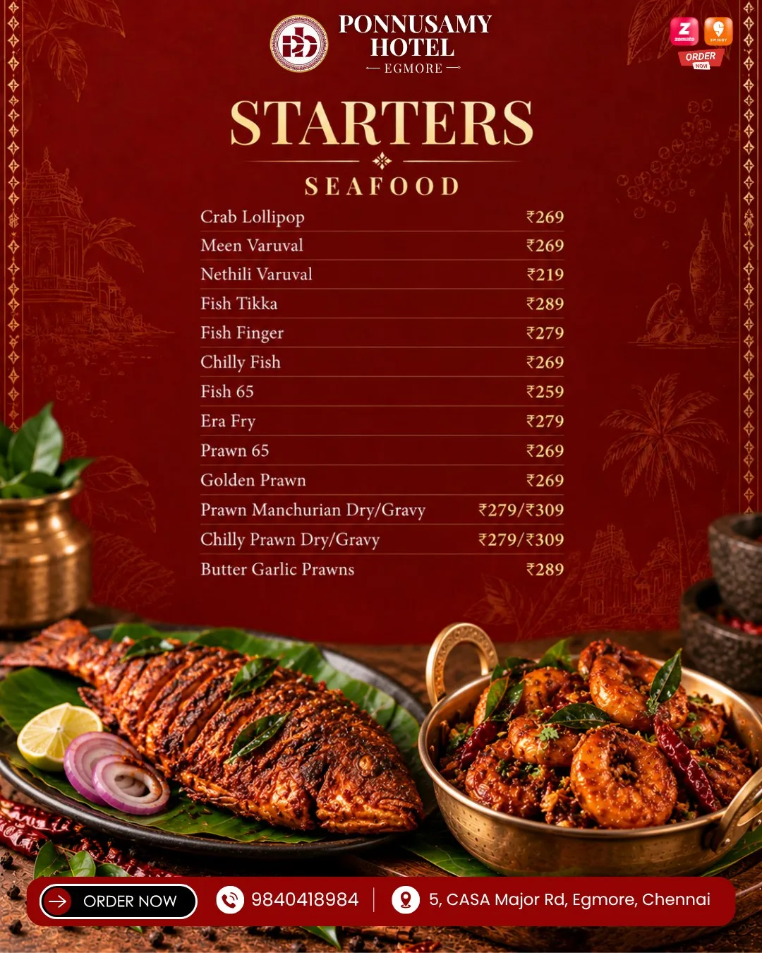 Prawn fry, fish fry and seafood curries