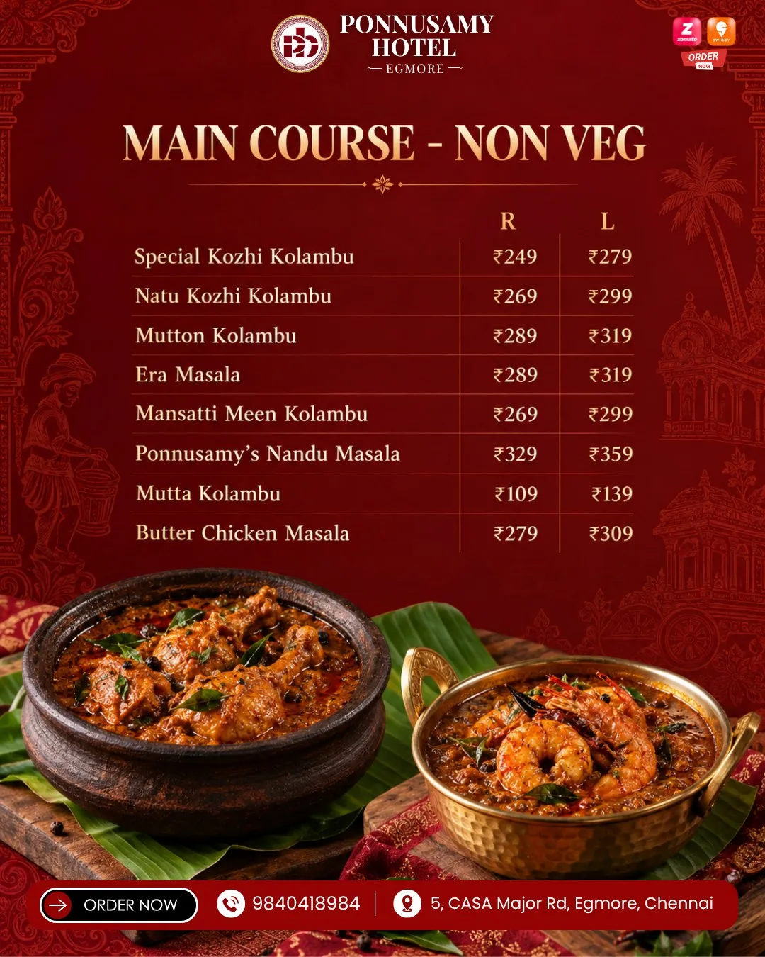 Special dishes, crab masala and mutton roast